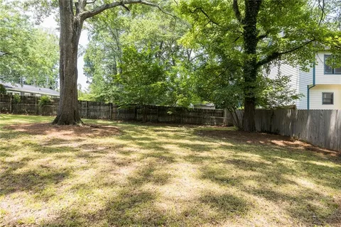 a view of a yard with a large tree
