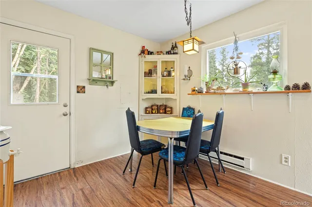 a view of a dining room with furniture window and wooden floor