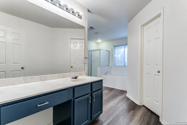 a bathroom with a sink a mirror and a bathtub