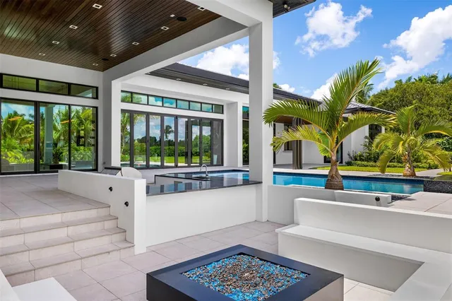 a view of a park with large trees