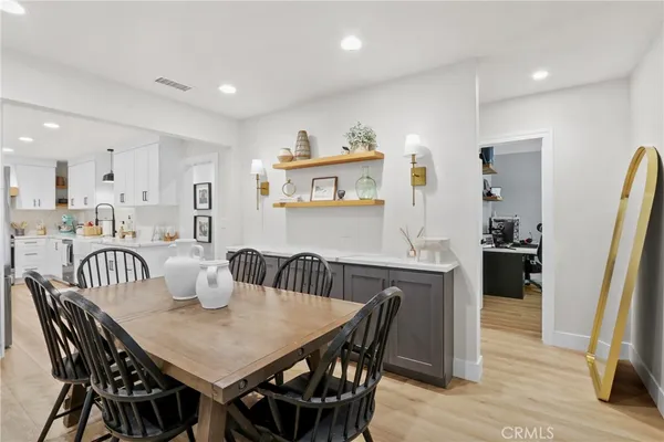 a view of a dining room with furniture