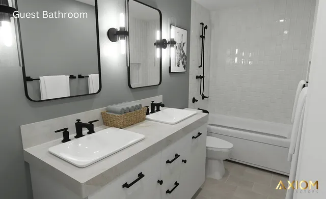 a bathroom with a double vanity sink and a mirror