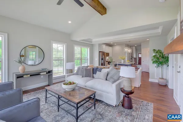 a living room with furniture a rug potted plant and a large window