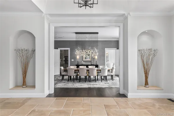 a view of dining room with chandelier