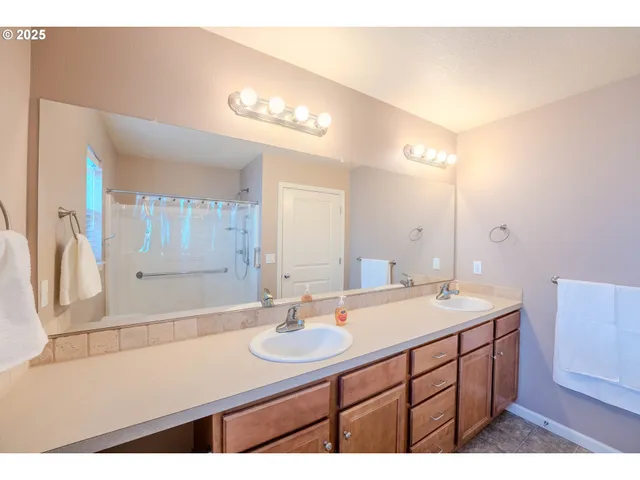 a bathroom with a sink a large mirror and a shower