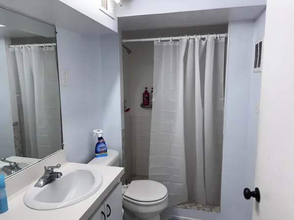 a bathroom with a sink a toilet and shower curtain