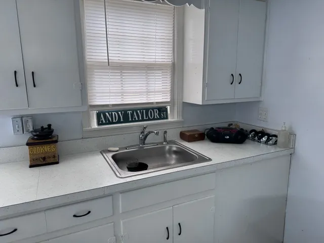 a kitchen with a sink a window and cabinets