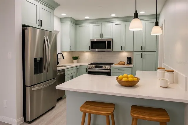 a kitchen with stainless steel appliances a refrigerator a sink a stove a dining table and chairs