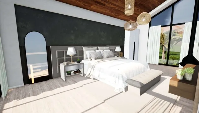 a bedroom with a bed a flat screen tv and a large window