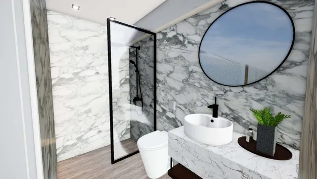 a bathroom with a toilet and a mirror