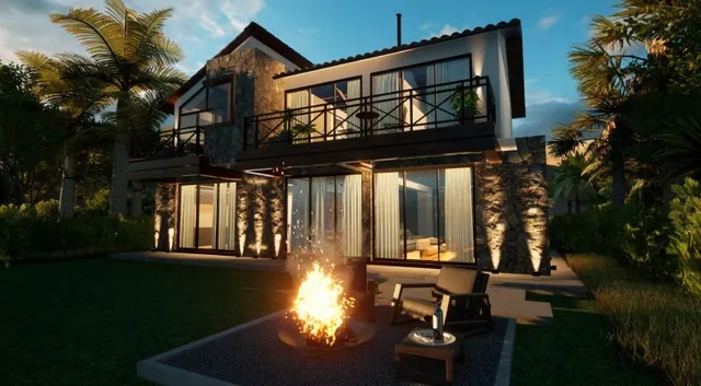 a view of a house with backyard porch and sitting area