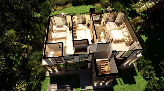 an aerial view of a residential apartment building with a yard