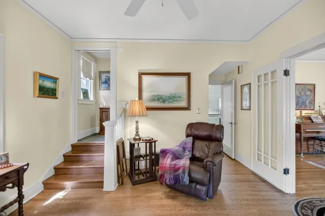 a view of a dining room with furniture