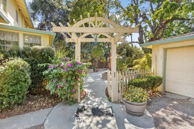 swimming pool view with a garden
