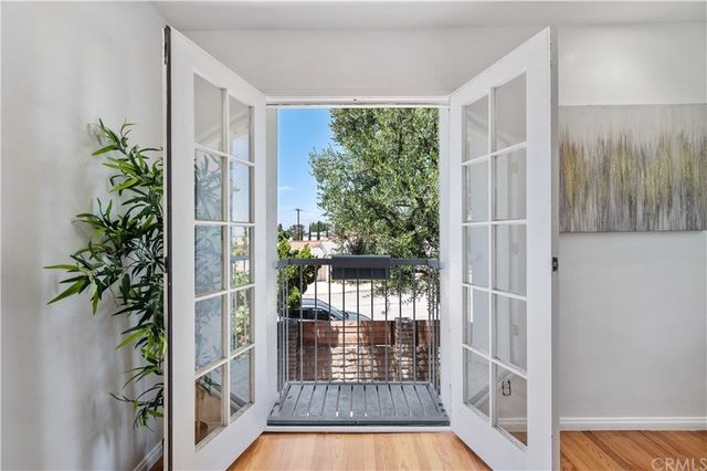 a view of a yard with plants and trees