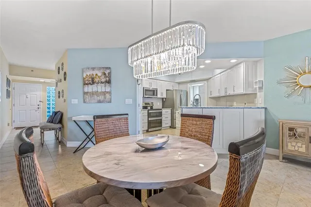 a view of a dining room with furniture