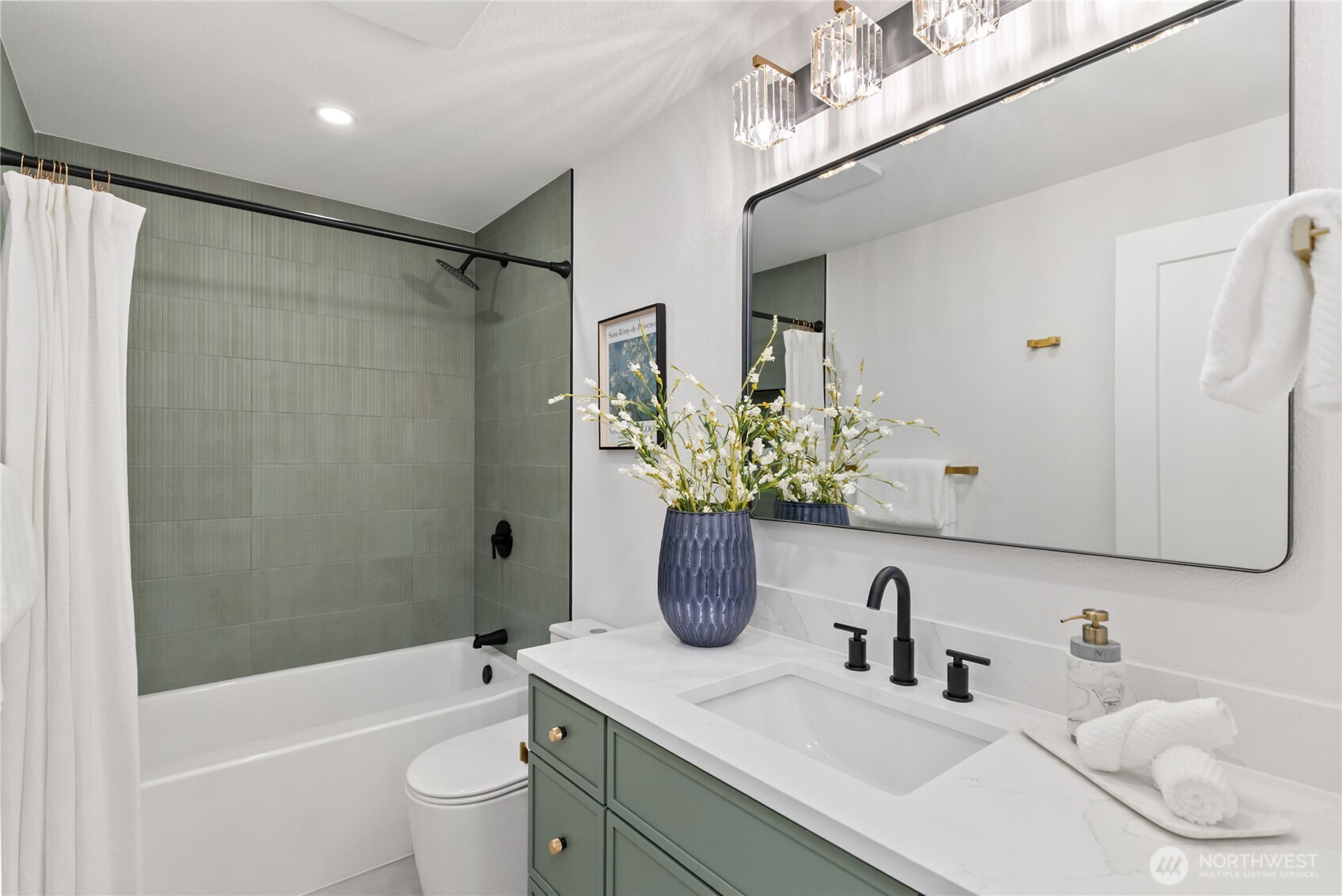 9548 3rd Avenue Northwest Seattle, WA 98117 - Photo 19 of 40 a bathroom with a granite countertop sink a toilet and shower