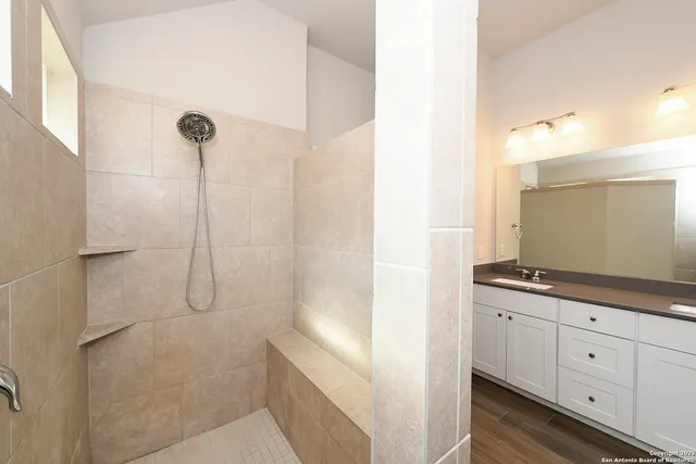 a bathroom with a granite countertop sink a mirror and shower