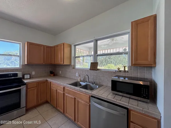 a kitchen with lots of counter top space