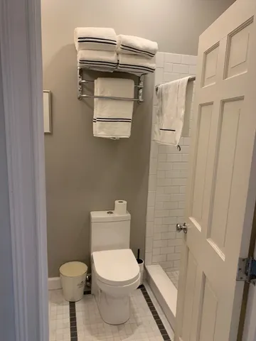 a bathroom with a toilet and a shower