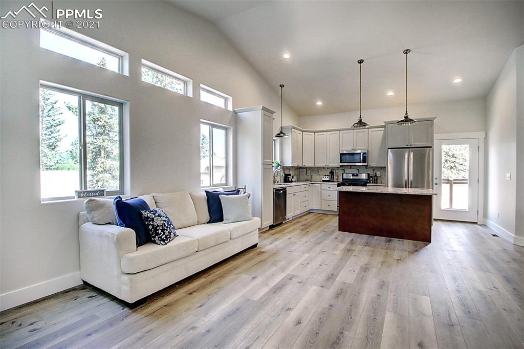 196 Shannon Place Divide, CO 80814 - Photo 6 of 25 a living room with kitchen island furniture and wooden floor