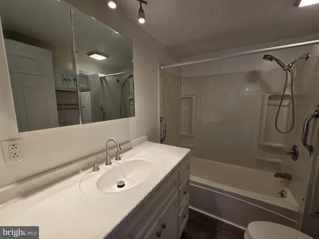 a bathroom with a bathtub shower sink vanity and a toilet