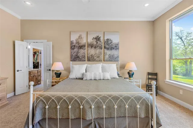 a bedroom with a large bed and a window