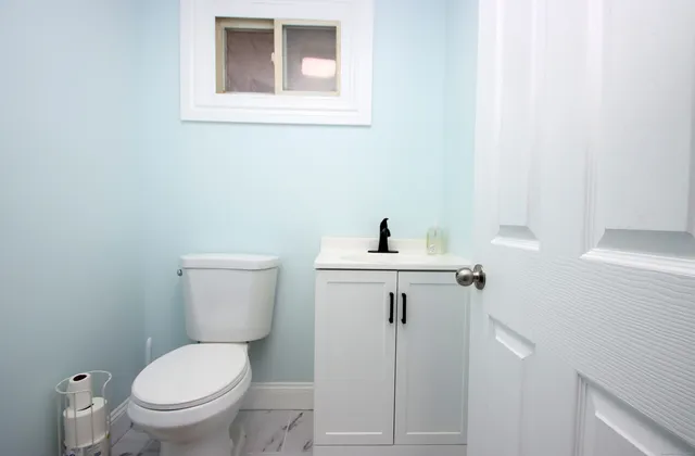 a bathroom with a sink a toilet and a mirror