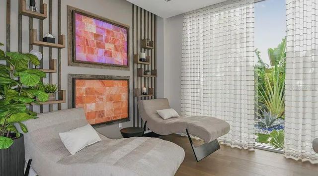 a living room with furniture and a potted plant