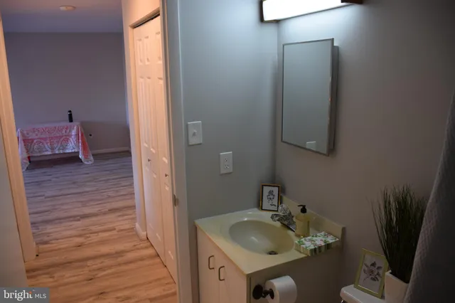 a bathroom with a sink and a mirror