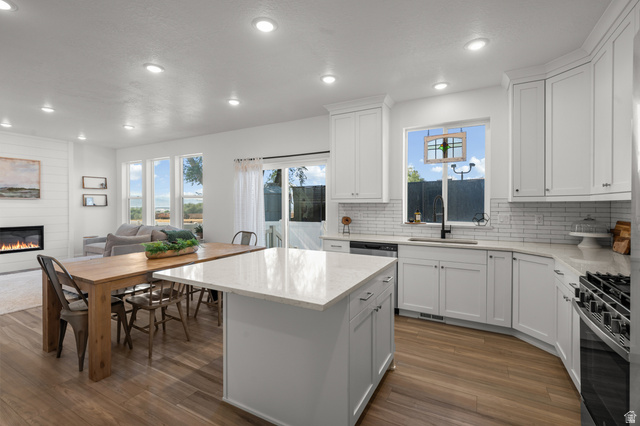 2706 West Maple Street, Unit 285 Mapleton, UT 84664 - Photo 13 of 36 Open-concept kitchen and living area featuring wood-finish flooring, recessed lighting, and a contemporary fireplace