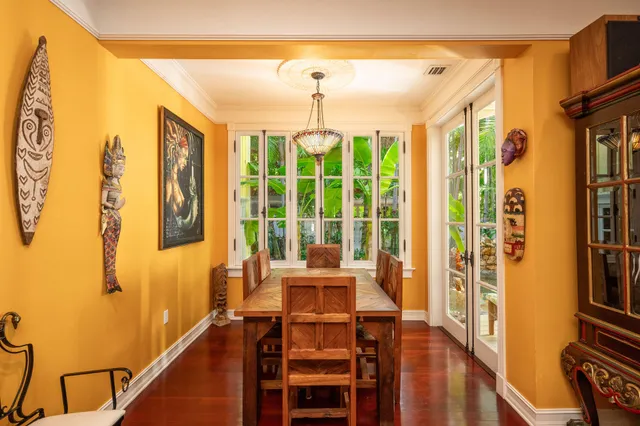 a view of balcony with wooden floor