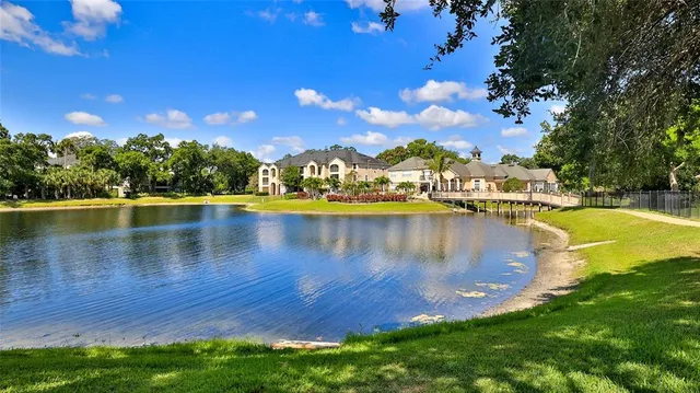 a view of a lake with houses in the back
