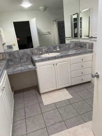 a bathroom with a sink and a mirror