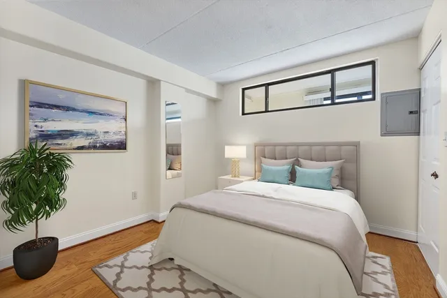 a bedroom with a large bed and a potted plant