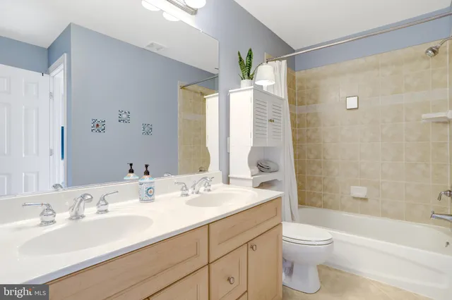 a bathroom with a double vanity sink toilet and shower