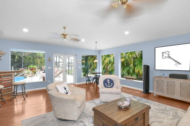 a view of a swimming pool with a patio