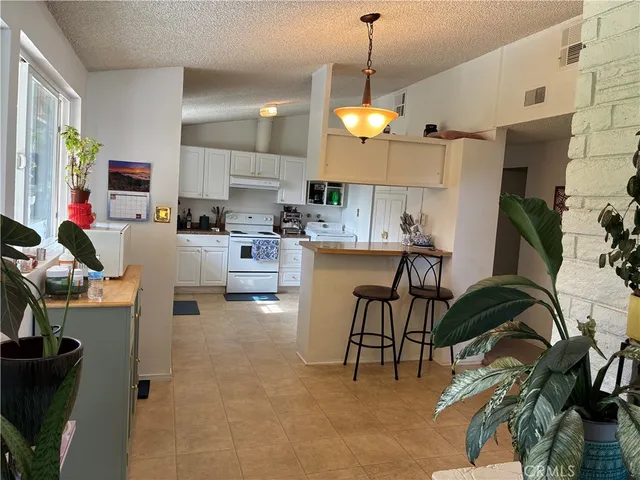 a open kitchen with stainless steel appliances granite countertop a stove top oven a dining table and chairs with the potted plant