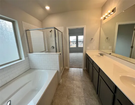 a bathroom with a tub sink and mirror