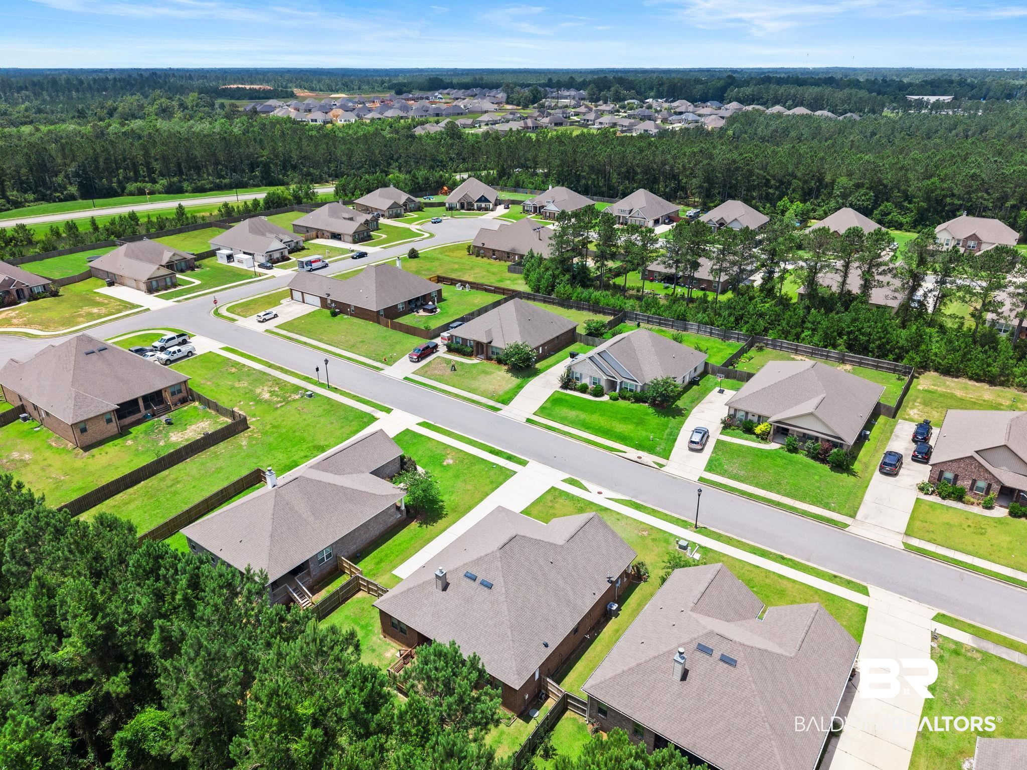 31350 Hoot Owl Road Daphne, AL 36527 - Photo 75 of 94 Ariel perspective of a residential neighborhood featuring single-story homes with shingle roofs and concrete driveways, set amidst green lawns and mature trees