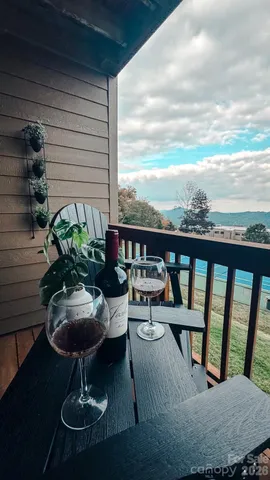 a view of a balcony with chairs and potted plants