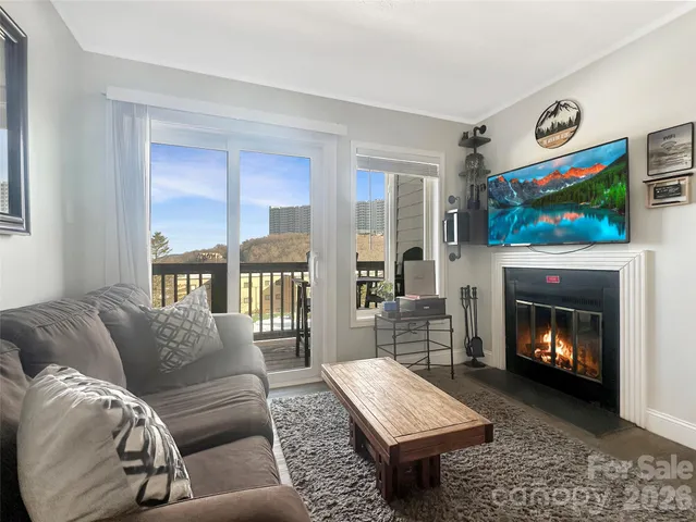 a living room with furniture a flat screen tv and a fireplace