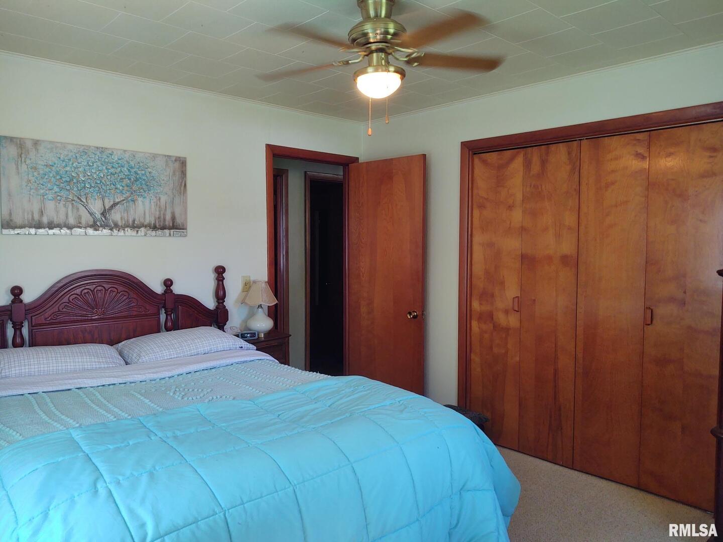 901 Locust Street Vienna, IL 62995 - Photo 21 of 25 a bedroom with a large bed and a chandelier