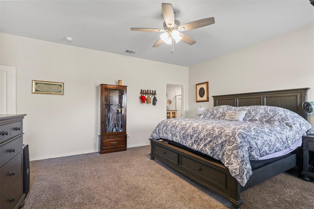 742 Buttercup Drive Pilot Point, TX 76258 - Photo 12 of 20 Bedroom with dark carpet, a ceiling fan, and ensuite bathroom