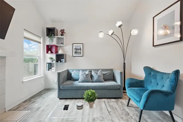 a living room with furniture and a potted plant