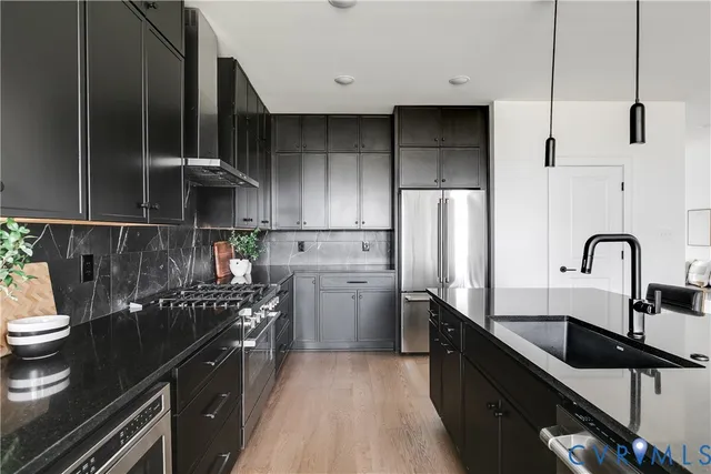 a close view of kitchen cabinets and appliances