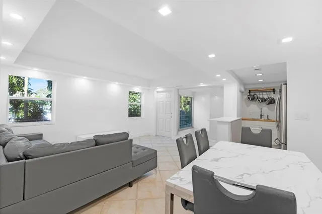 a view of a dining room with furniture