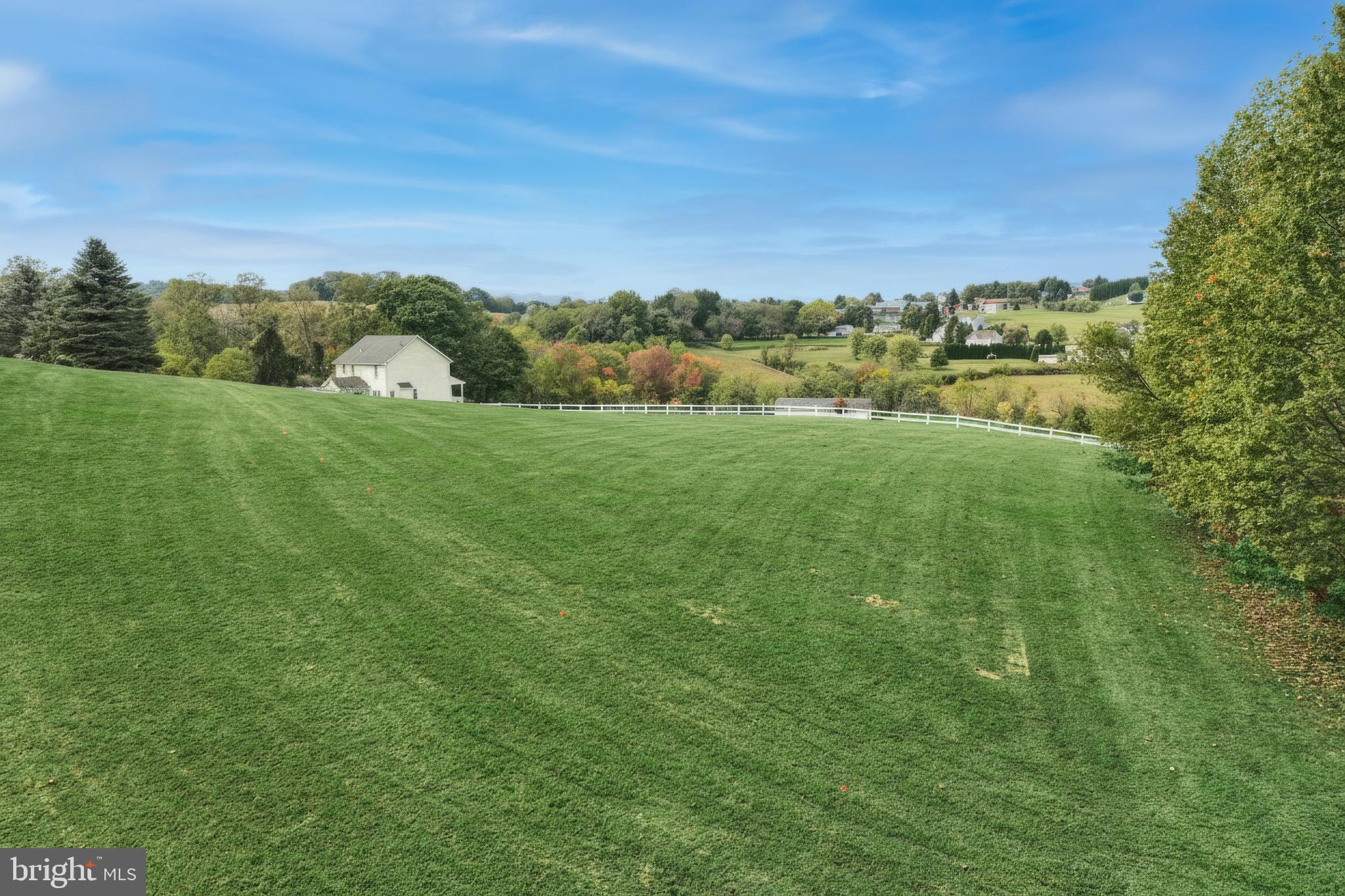 a view of a green field with trees in the background