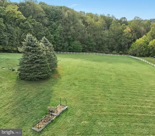 a view of a field with an trees in the background