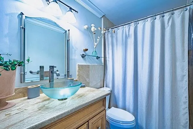 a bathroom with a granite countertop sink toilet a mirror and vanity